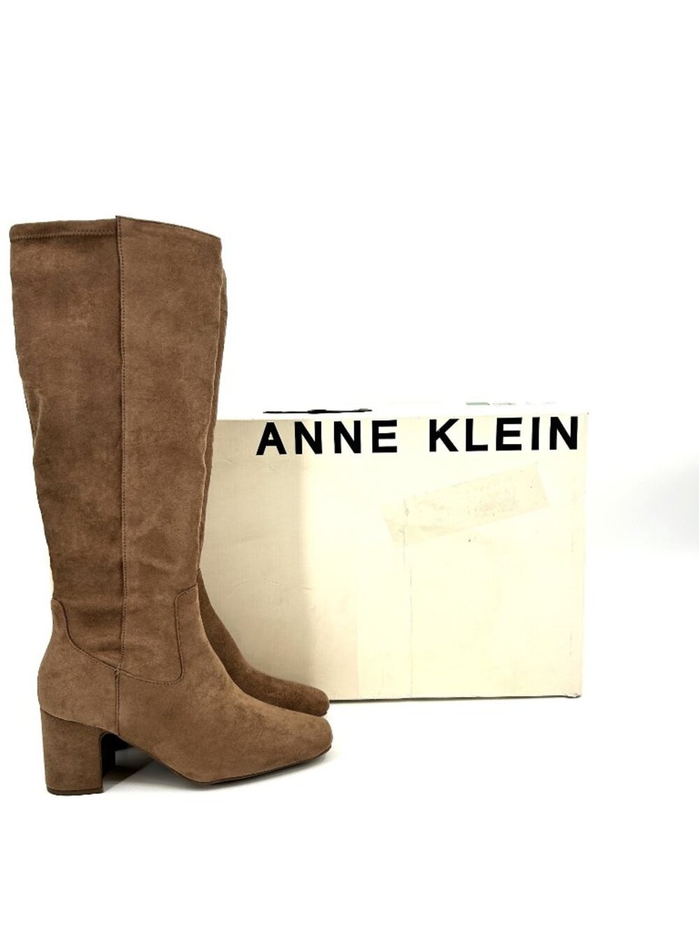 Anne Klein Toronto Knee High Boots Taupe Size 8 WC Faux Suede Square Toe Zip